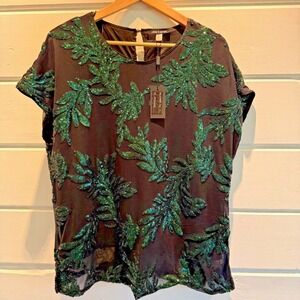 NWT CABLE & GAUGE Top Black Green Sequin Leaf Mesh Top Blouse CSTP04434W Size 1X